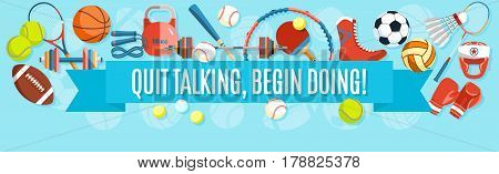 Set of sport balls and gaming items at a blue background. Healthy lifestyle tools, elements. Vector Illustration