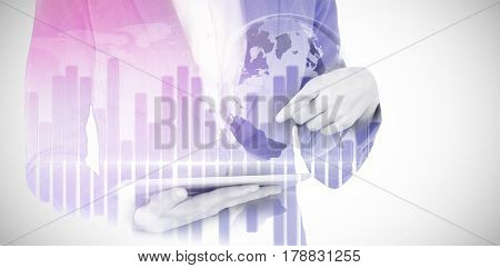 Midsection of businesswoman holding digital tablet against global business graphic in blue 3d