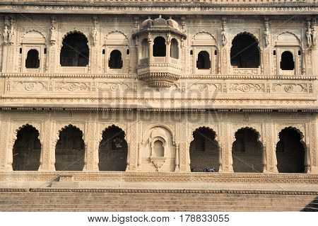 Maheshwar, India - 3 February 2015: Detail of temple palace at Maheshwar on India