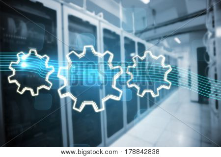 Blank gears against futuristic screen with quaders 3d