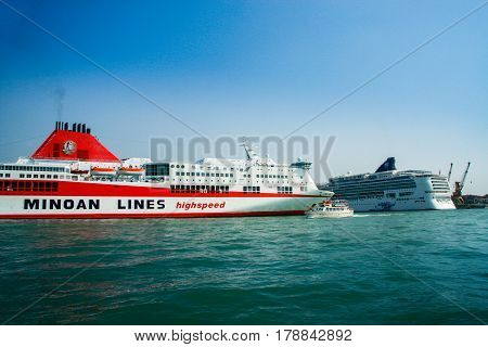 VENICE ITALY - SEPTEMBER 12 2008: Ferry Ikarus Palace of Greek company Minoan Lines stays at port moorage in Venice Italy on September 12 2008.
