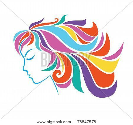 Profile of young girl with colorful hair isolated on a white background.