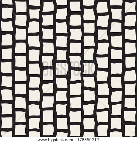 Vector Seamless Black and White Hand Drawn Rectangle Pavement Pattern. Abstract Freehand Background Design.