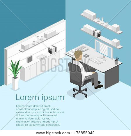 Flat 3D Isometric Abstract Office Floor Interior Departments Concept.