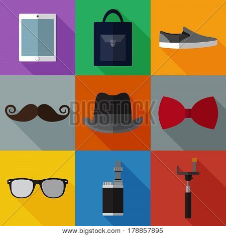 Set of simple hipster accessory flat icons on color squares vector illustration