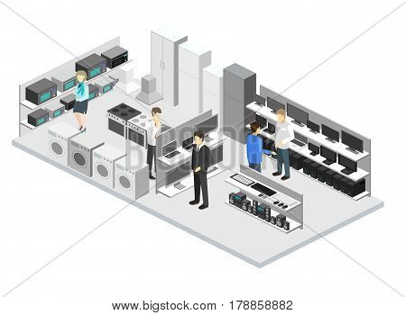 Isometric Flat 3D Interior Household Equipment Store, Computer Shop