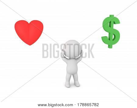 Stressed 3D Character can't choose between career and relationship. The heart symbolizes the realtionship while the dollar symbol the career.