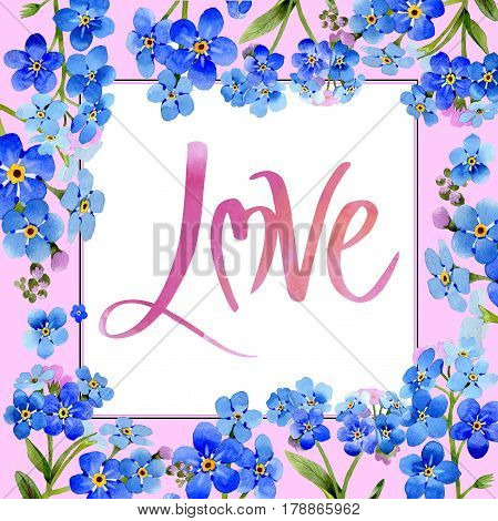 Wildflower myosotis arvensis flower frame in a watercolor style isolated. Full name of the plant: Myosotis arvensis. Aquarelle wild flower for background, texture, wrapper pattern, frame or border.