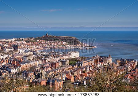 Elevated View of Scarborough - Scarborough is a town on the North Sea coast of North Yorkshire. Castle Hill separates the seafront into two bays to the North and South