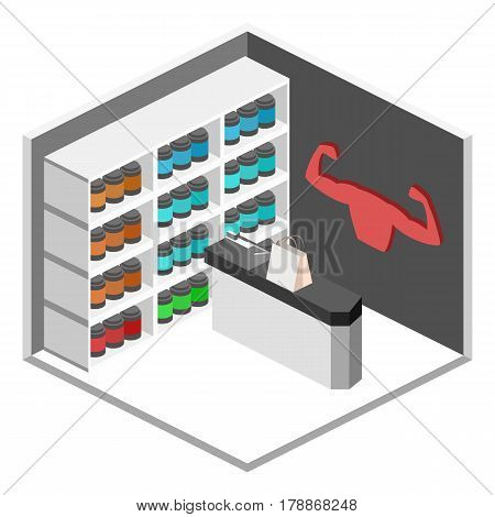 Isometric Flat 3D Isolated Vector Cutaway Interior Sports Supplements Shop.