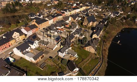 aerial view saalburg thuringia germany saale river town panorama