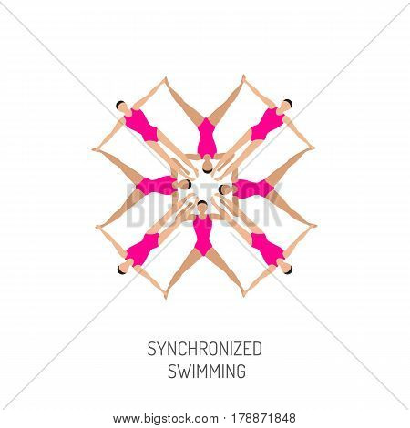 Professional athletes womens team of synchronized swimming perform in the water art figure, vector illustration in flat style. Competitions in synchronized swimming