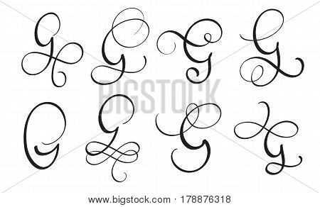 set of art calligraphy letter G with flourish of vintage decorative whorls. Vector illustration EPS10.