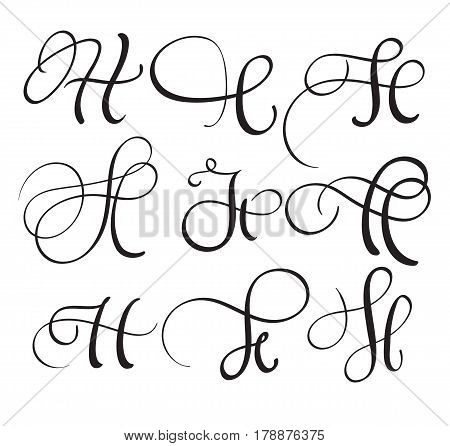 set of art calligraphy letter H with flourish of vintage decorative whorls. Vector illustration EPS10.