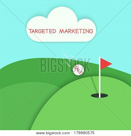 Targeted marketing golf concept. Stock vector illustration of green hills and meadows with a flying white ball and red flag in a hole. Aiming in a game like targeting in business.