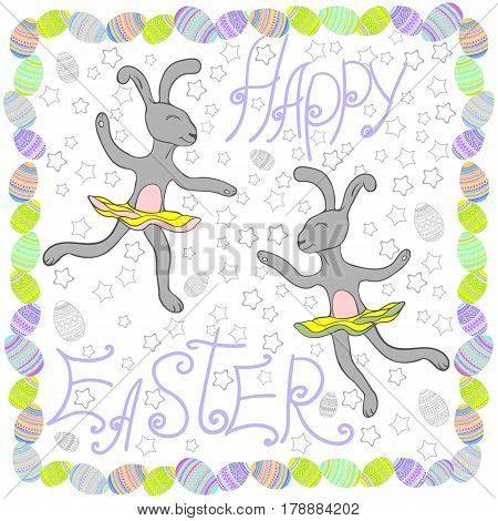 Set of cute Easter rabbits with Easter eggs and banners.