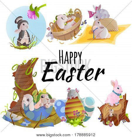 Set of easter chocolate egg hunt bunny with basket on green grass decorated with flowers, cute rabbit funny ears, happy spring season holiday tradition greeting card or banner collection vector illustration on white background.