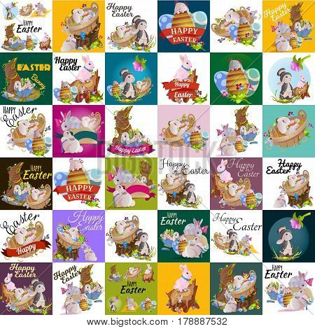 Set of easter chocolate egg hunt bunny with basket on green grass decorated with flowers, cute rabbit funny ears, happy spring season holiday tradition greeting card or banner collection vector illustration on white background.
