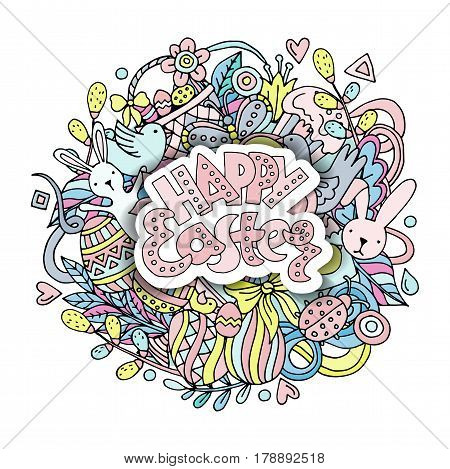 Cartoon vector hand drawn Doodle Happy Easter illustration. Line art detailed design background with objects and symbols. All objects are separated