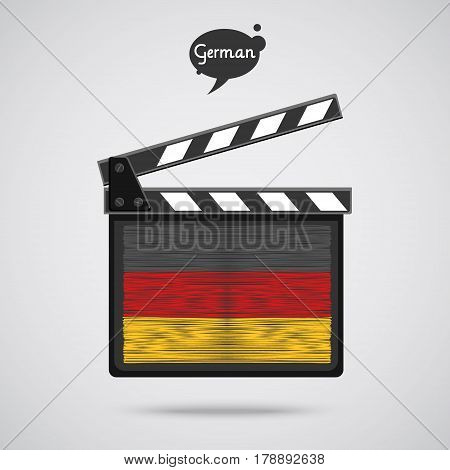 Concept of learning languages. Study German. Movie production clapper board with hand drawn Germanflag. Film in German.