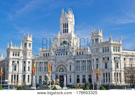 The Cybele Palace (Palacio de Cibeles) on Cybele square (Plaza de Cibeles) in Madrid Spain