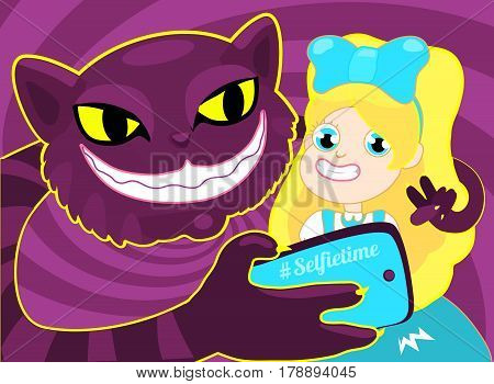 Selfie time. Girl taking selfie with cat. The concept illustration of a cheerful blond girl Alice taking a selfie with a purple big cheshire cat. Vector illustration on purple background