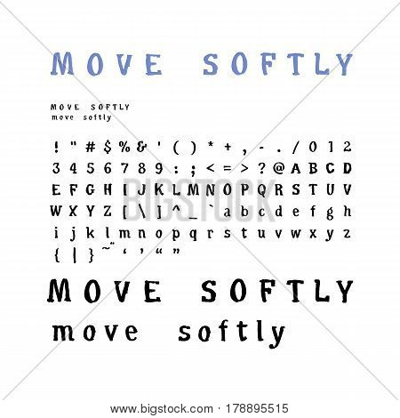 Brush script with lowercase and uppercase letters, keystrokes and digits. Full alphabet handwritten with brush pen. Vector calligraphic English ABC.