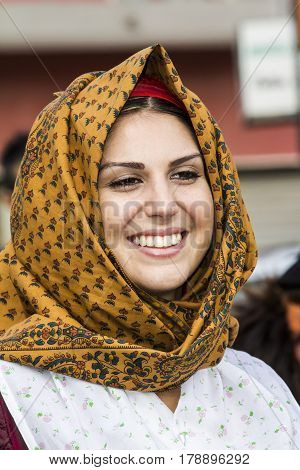 SELARGIUS, ITALY - September 13, 2015: Old wedding Selargino - portrait of a beautiful woman at the Sant'Agata folk group of Santadi - Sardinia