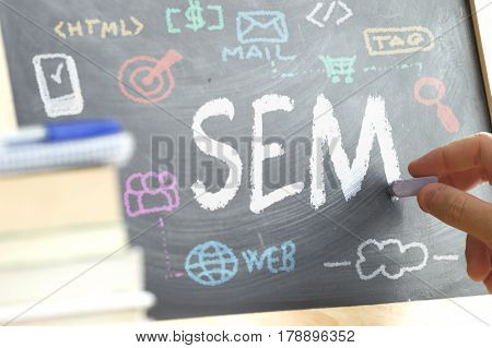 Hand writing on a blackboard in a SEM class with some icons and concepts drawn on it. Some books and school materials.