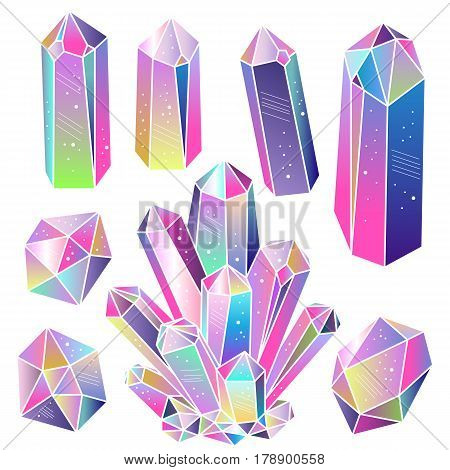 Magic fairytale crystals isolated. Multicolored rainbow gradient gems set. Vector elements.