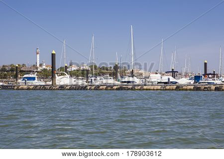 El Rompido marina and town seen from River Piedras water Huelva Cartaya Spain
