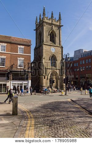 Chester England UK - March 25 2017: St Michael's church on the corner or Bridge Street is a disused church built in 1582 now converted to house the heritage centre and a museum and is a designated Grade II listed building