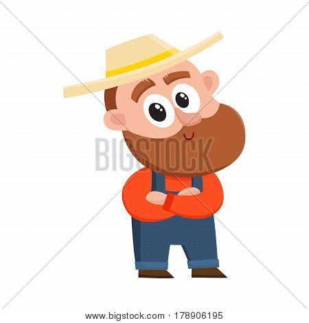 Funny farmer, gardener character in straw hat and overalls standing with arms crossed on breast, cartoon vector illustration isolated on white background. Comic farmer character, design elements