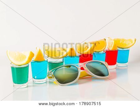 Glasses With Blue, Green And Red Kamikaze, Glamorous Drinks, Mixed Drink Poured Into Shot Glasses, S