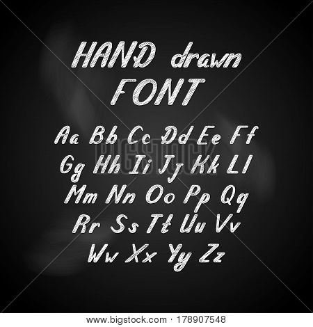 Handwritten lettering font alphabet made in vector on a chalkboard. Font, typeface, old style, vintage script. Hand drawn calligraphic typeface for labels and any type designs.