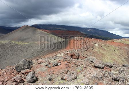 Black And Red Ash, Valley Of Hills, After Volcanic Eruption