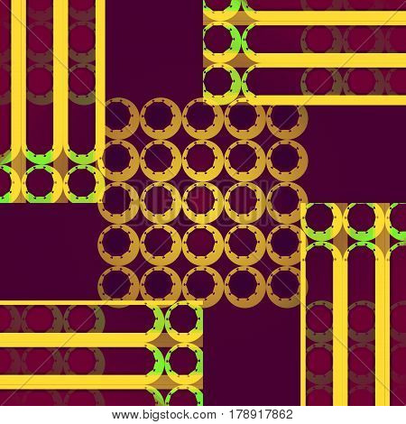 Abstract geometric background, modern and conspicuous. Regular concentric circles and stripes pattern in yellow, bright green and golden shades on purple.