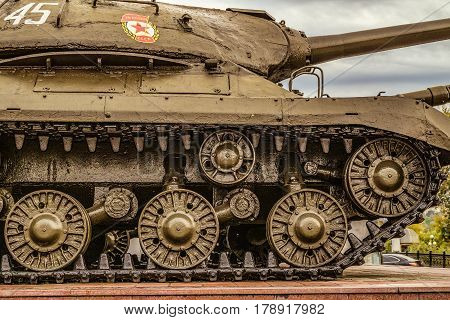 Belgorod Russia - October 08 2016: View of the fragment with caterpillar chassis of Soviet heavy tank IS-3 during the second world war. Outdoor area of the Museum diorama "Fire arc".
