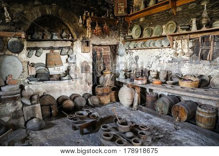 Old Kitchen Utensils Of The Great Meteoron Monastery.