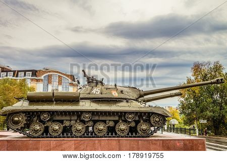Belgorod Russia - October 08 2016: View profile the heavy Soviet tank is-3 during the second world war. Outdoor area of the Museum diorama 