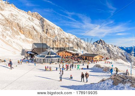 GARMISCH-PARTENKIRCHEN GERMANY - DECEMBER 10 2016: Weather station observatory and other buildings on top of Zugspitze