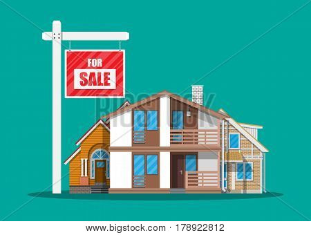 Suburban family house set. Countryside wooden and brick house icon. For sale placard. Real estate. Vector illustration in flat style
