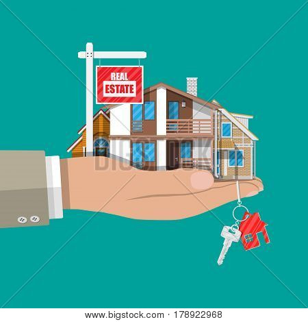 Suburban family house set in hand. Countryside wooden and brick house icon. Key. For sale placard. Real estate. Vector illustration in flat style