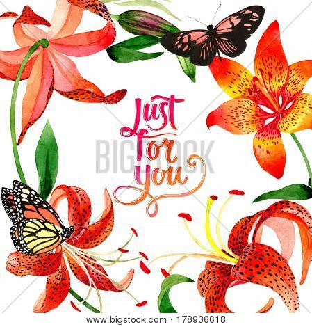 Wildflower leopard lily flower frame in a watercolor style isolated.  Aquarelle wild flower for background, texture, wrapper pattern, frame or border.