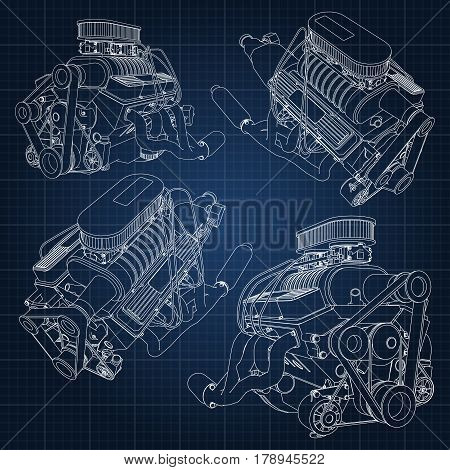 A Set Of Several Types Of Powerful Car Engine. The Engine Is Drawn With White Lines On A Dark Blue S