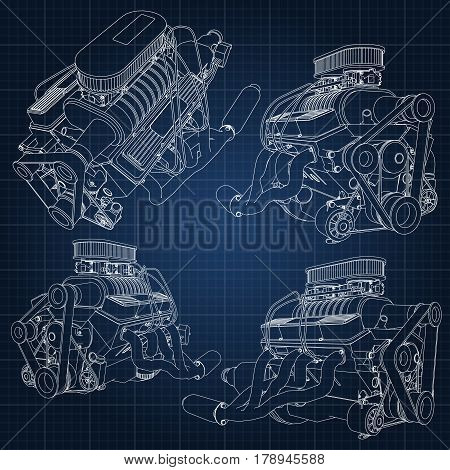 A Set Of Several Types Of Powerful Car Engine. The Engine Is Drawn With White Lines On A Dark Blue S