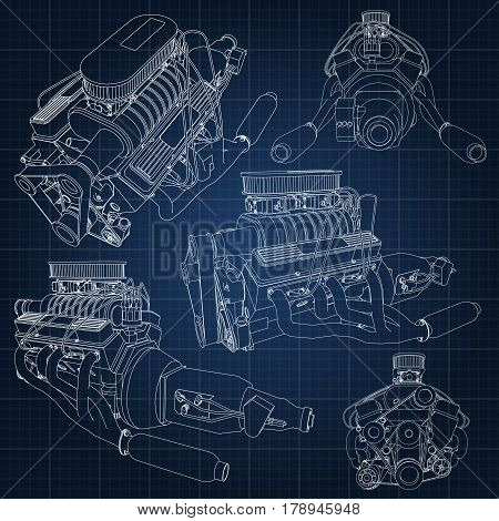A Set Of Several Types Of Powerful Car Engine. The Engine Is Drawn With White Lines On A Dark Blue S