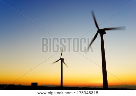 Windmills for electric power production, La Muela, Zaragoza Province, Aragon, Spain.