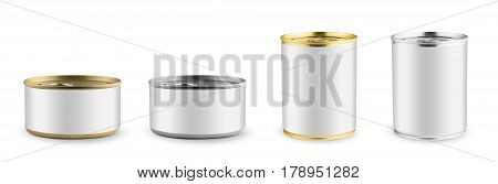 Set of mockups. White blank tincan silver and gold metal Tin Can, canned Food. Isolated on white background. Ready for your design. Real product packing.
