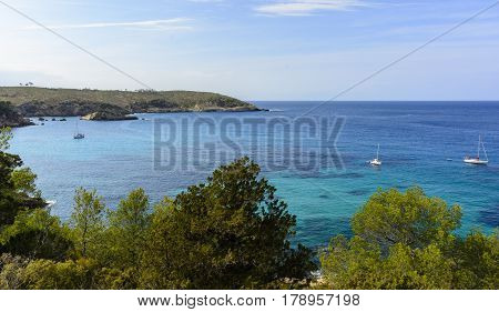 Beautiful ocean coastline in Ibiza island part of Balearic archipelago in Spain.